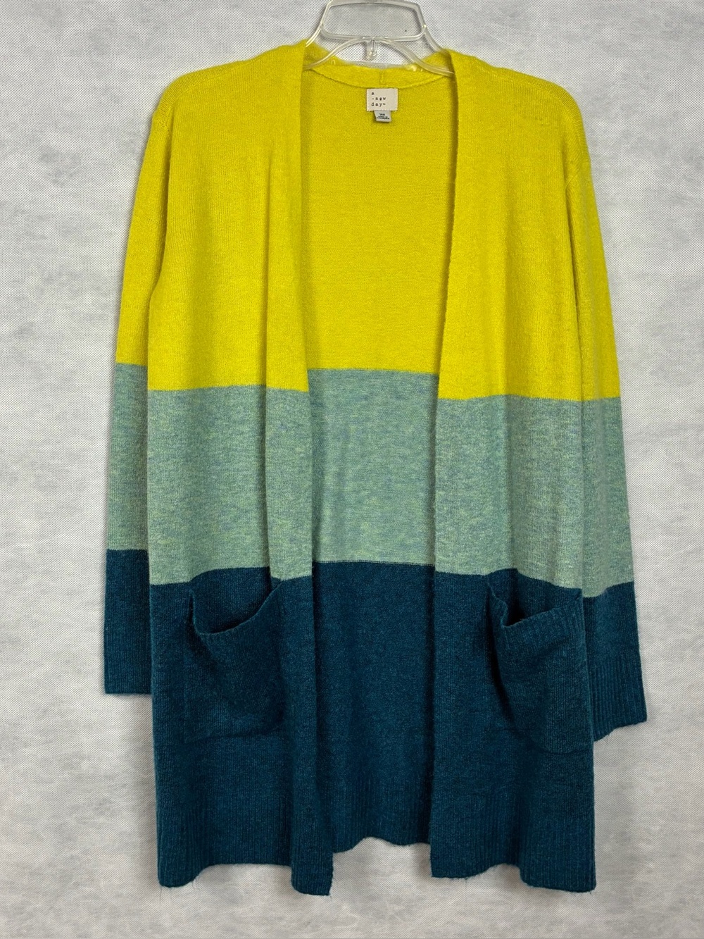 A New Day Open Front Cardigan Sweater Women’s XS Color Block Yellow Blue